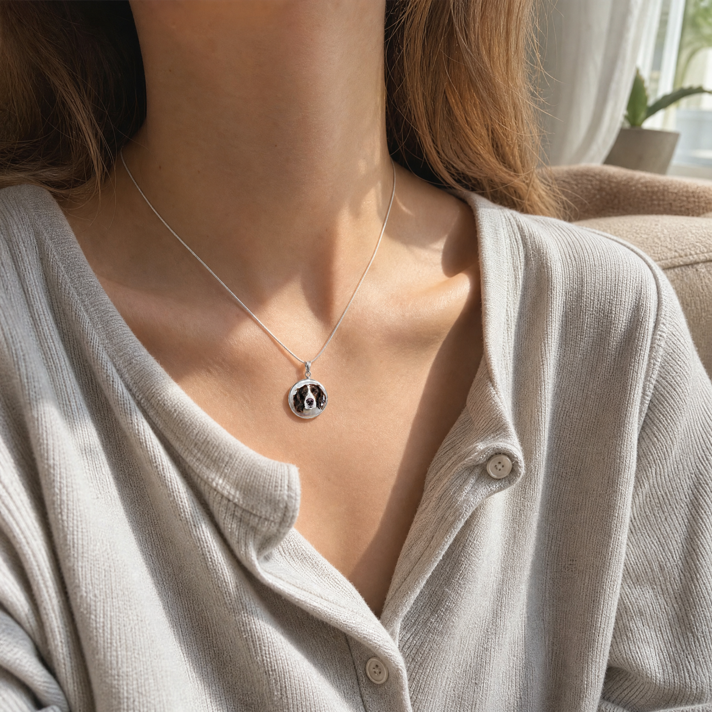 Custom pet portrait hand-painted on natural pearl pendant with sterling silver snake chain – Dogwhoo