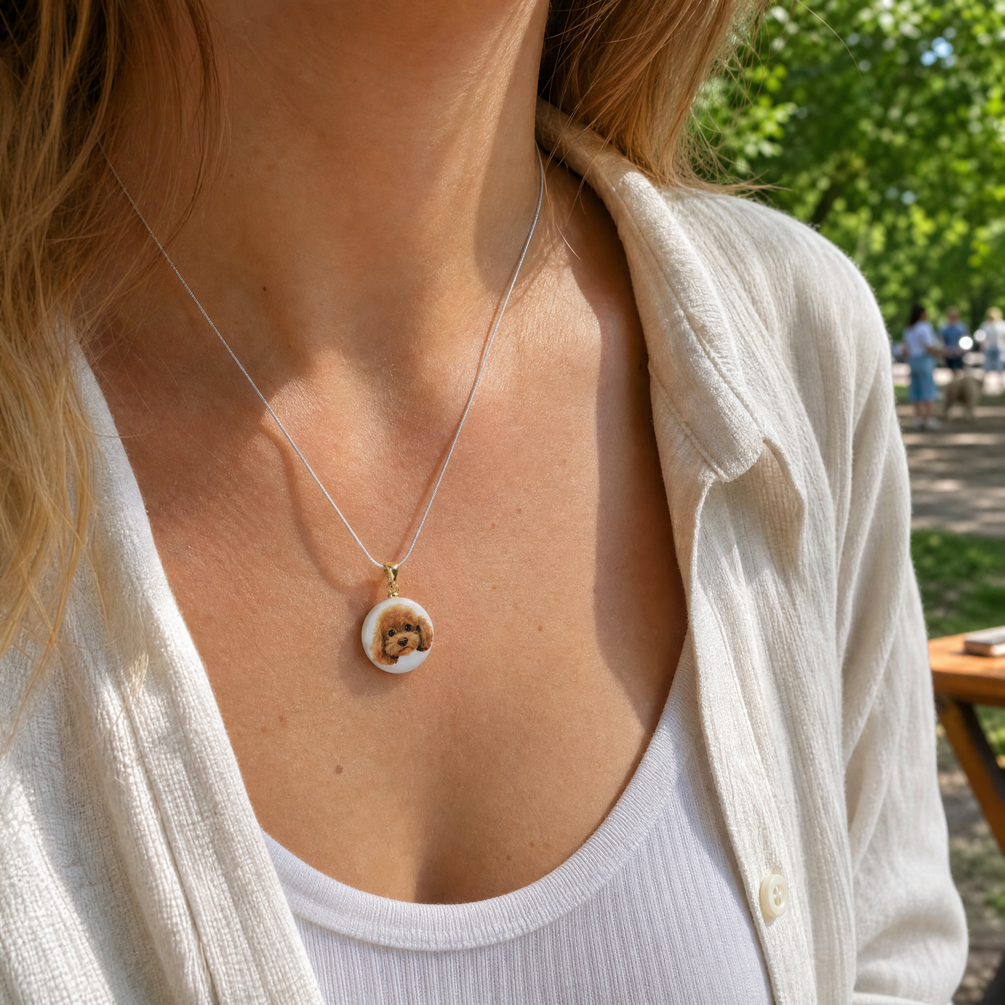 Custom pet portrait hand-painted on natural pearl pendant with silver-plated copper snake chain – Dogwhoo