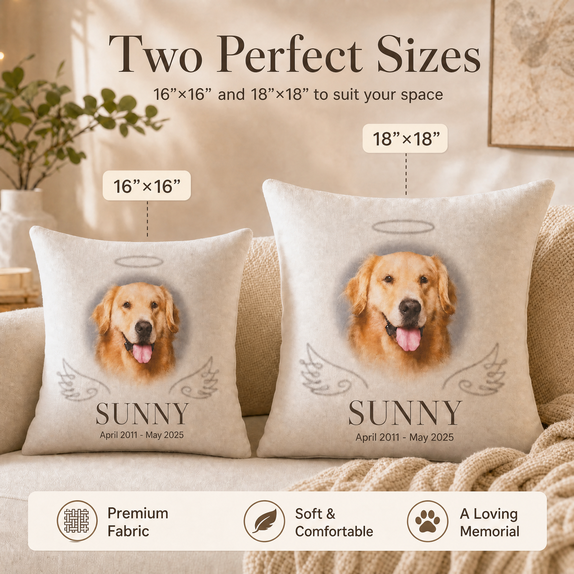 Rainbow Bridge memorial pillow two sizes — 16x16 inch and 18x18 inch comparison, premium fabric, soft and comfortable