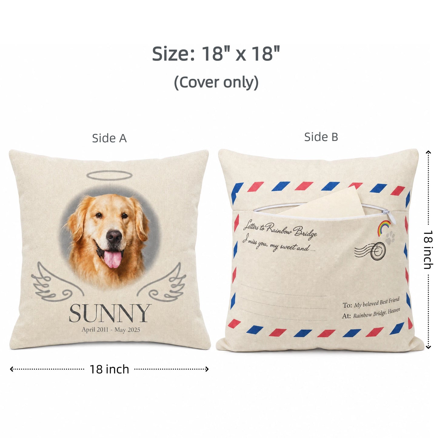 Rainbow Bridge Mailbox memorial pillow — 18x18 inch cover only, Side A angel wings photo print and Side B airmail letter pocket