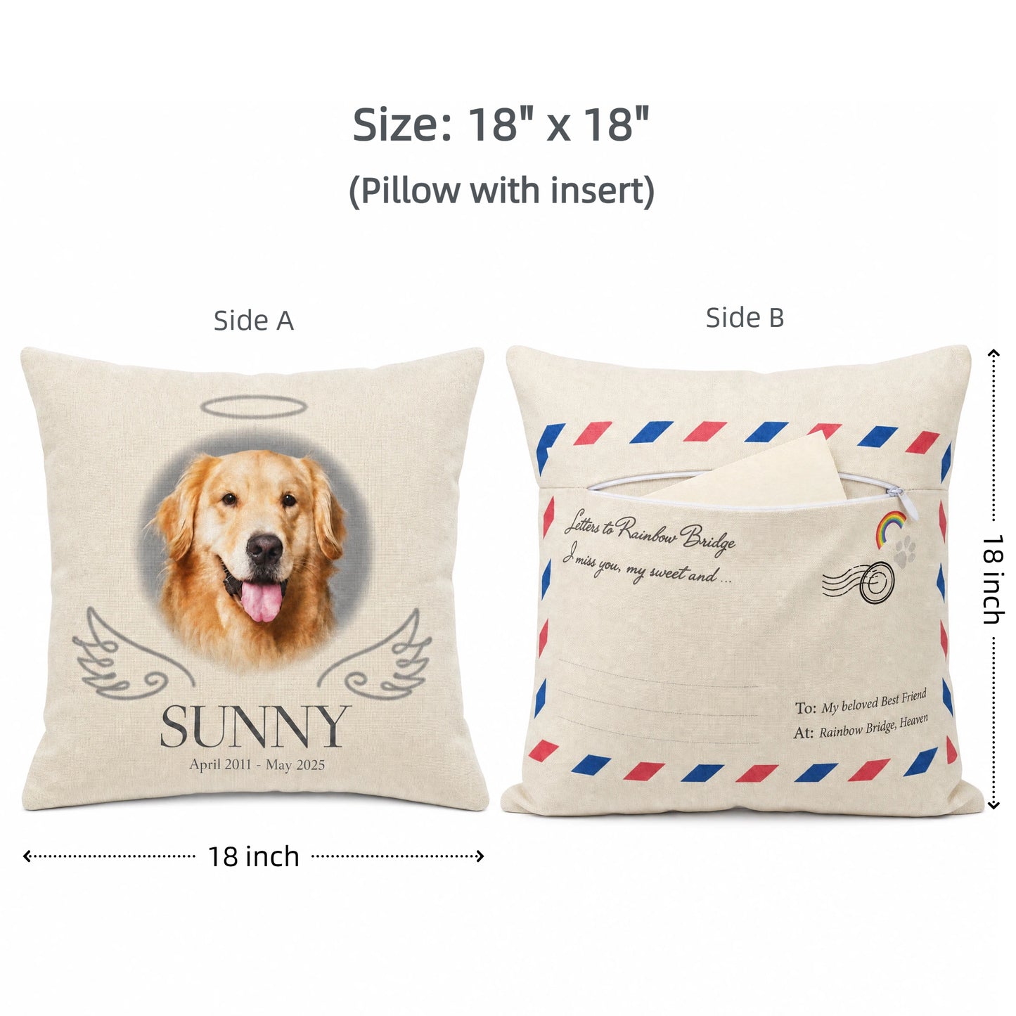 Rainbow Bridge Mailbox memorial pillow — 18x18 inch size with insert, Side A angel wings photo print and Side B airmail letter pocket