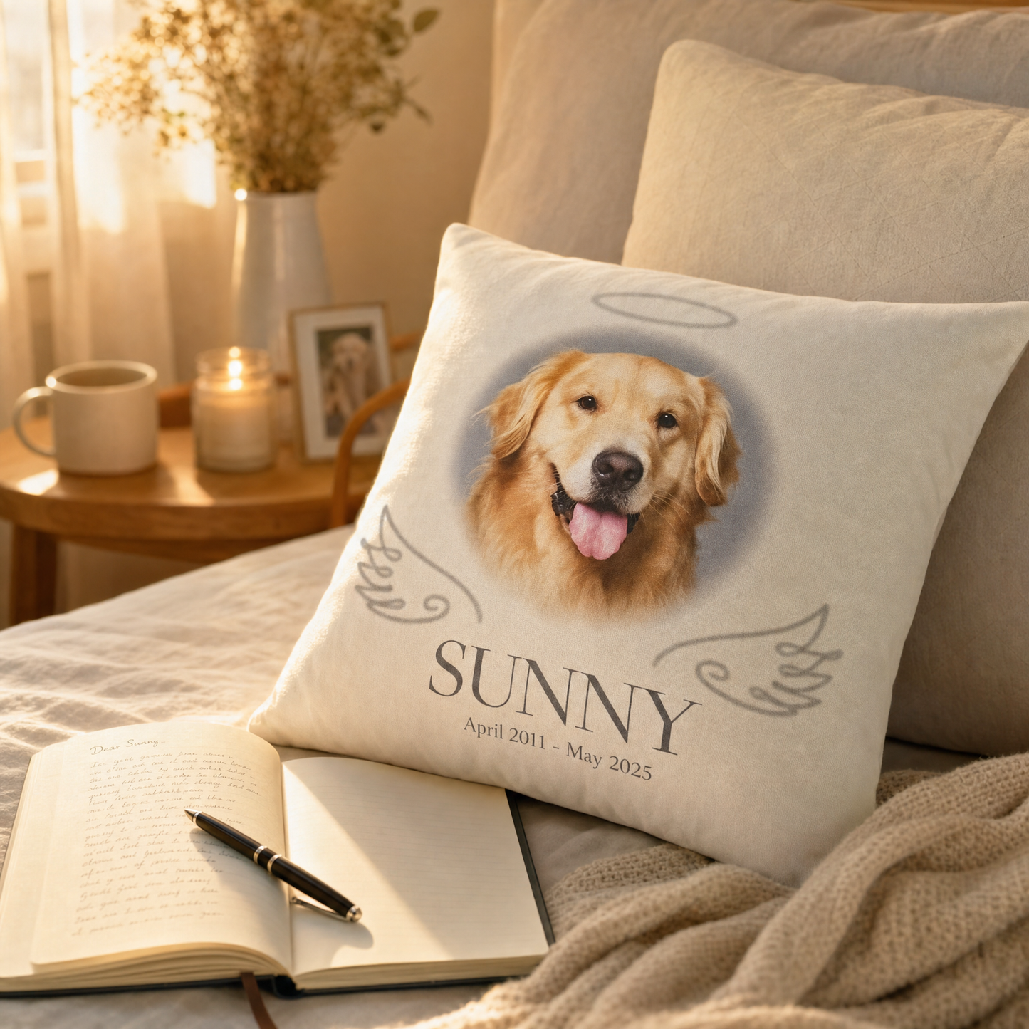 Custom pet memorial pillow on bed — Rainbow Bridge angel wings design lifestyle photo