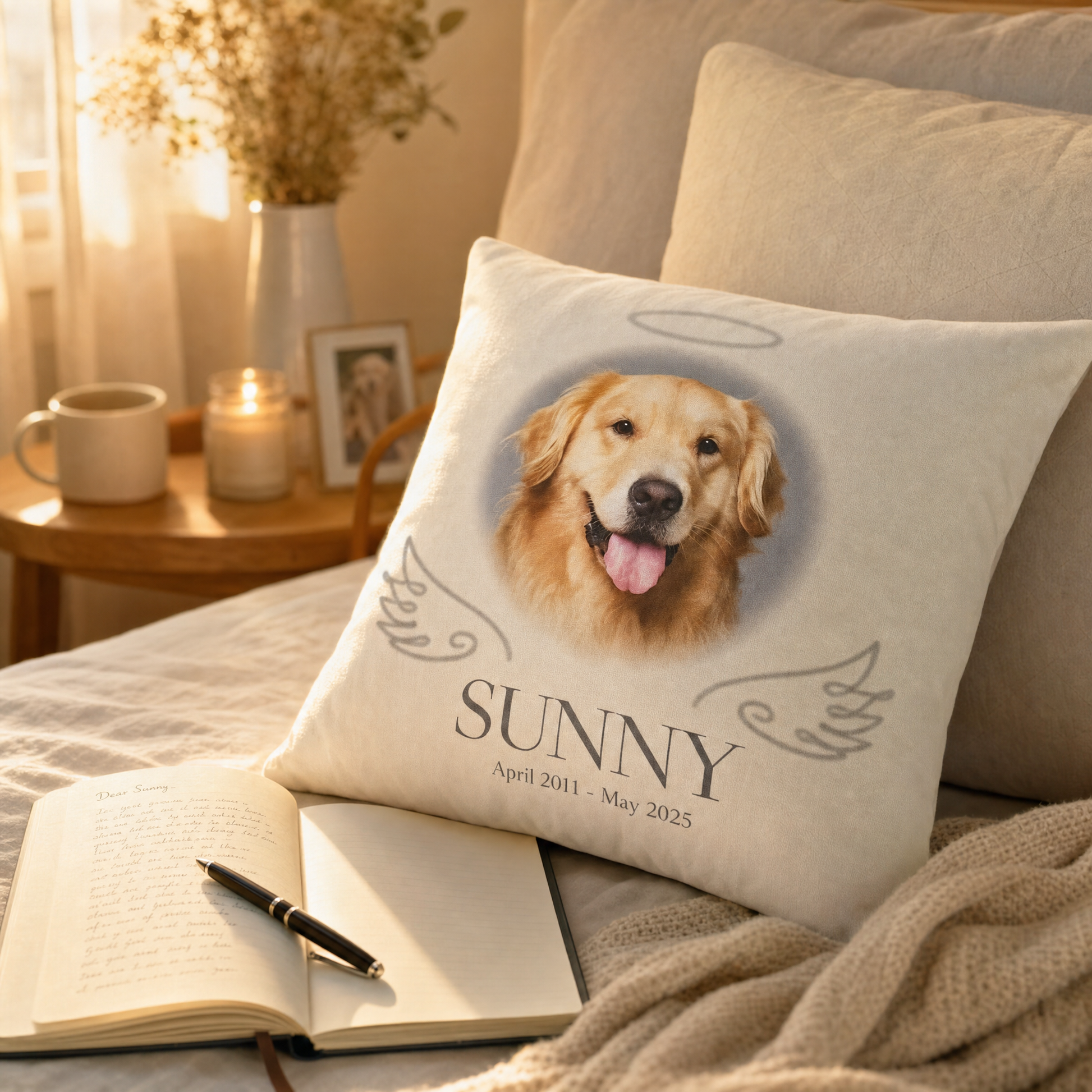 Custom pet memorial pillow on bed — Rainbow Bridge angel wings design lifestyle photo