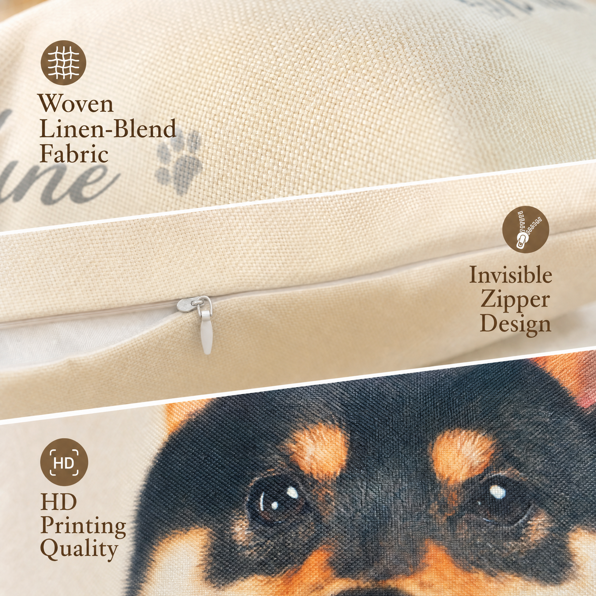 Custom dog photo memorial pillow — front face close-up print detail — high-quality materials