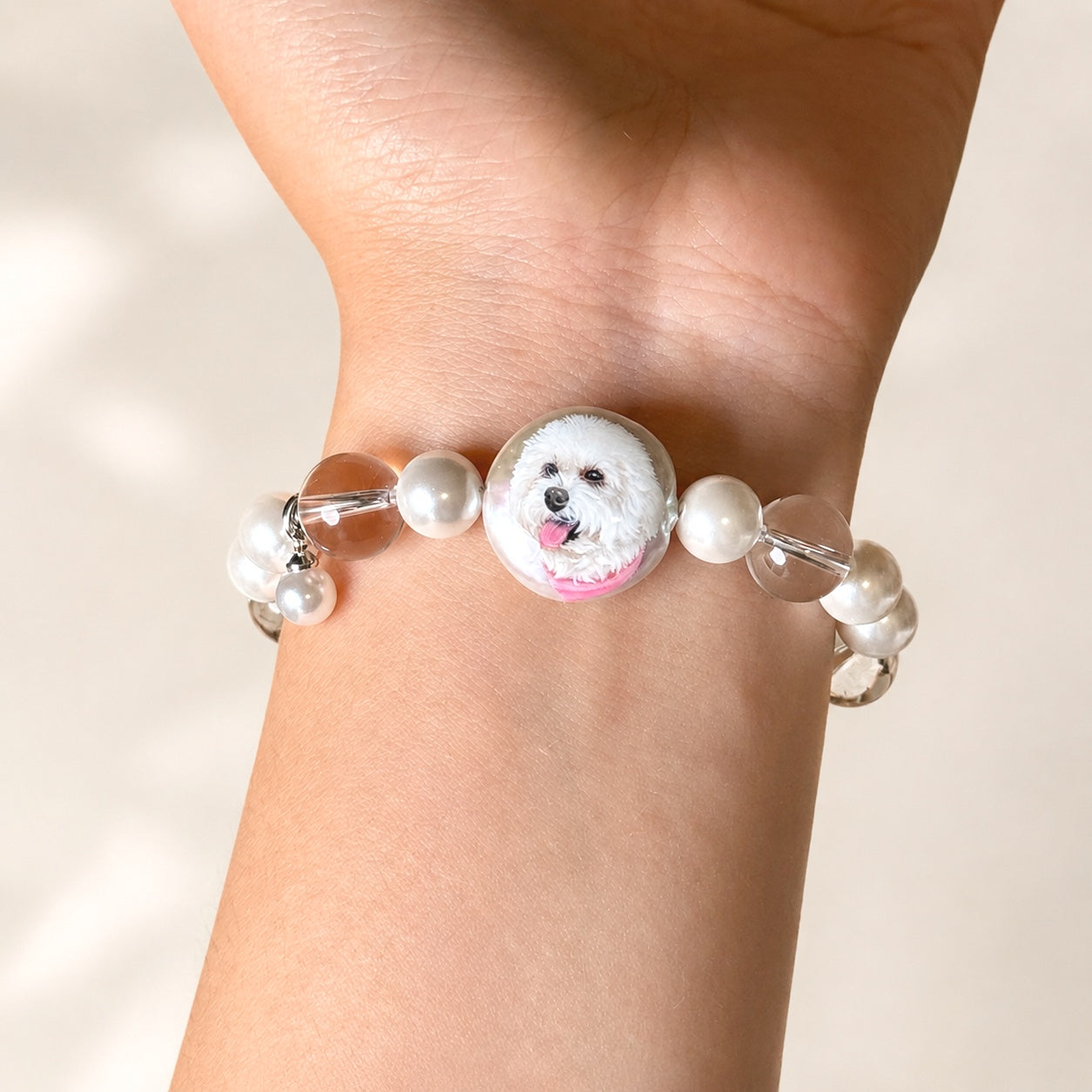 Custom Pet Portrait Pearl & Crystal Bracelet | Hand-Painted Keepsake Jewelry