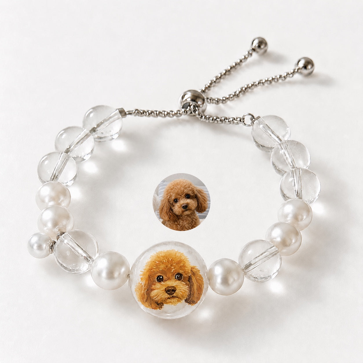 Custom Pet Portrait Pearl & Crystal Bracelet | Hand-Painted Keepsake Jewelry