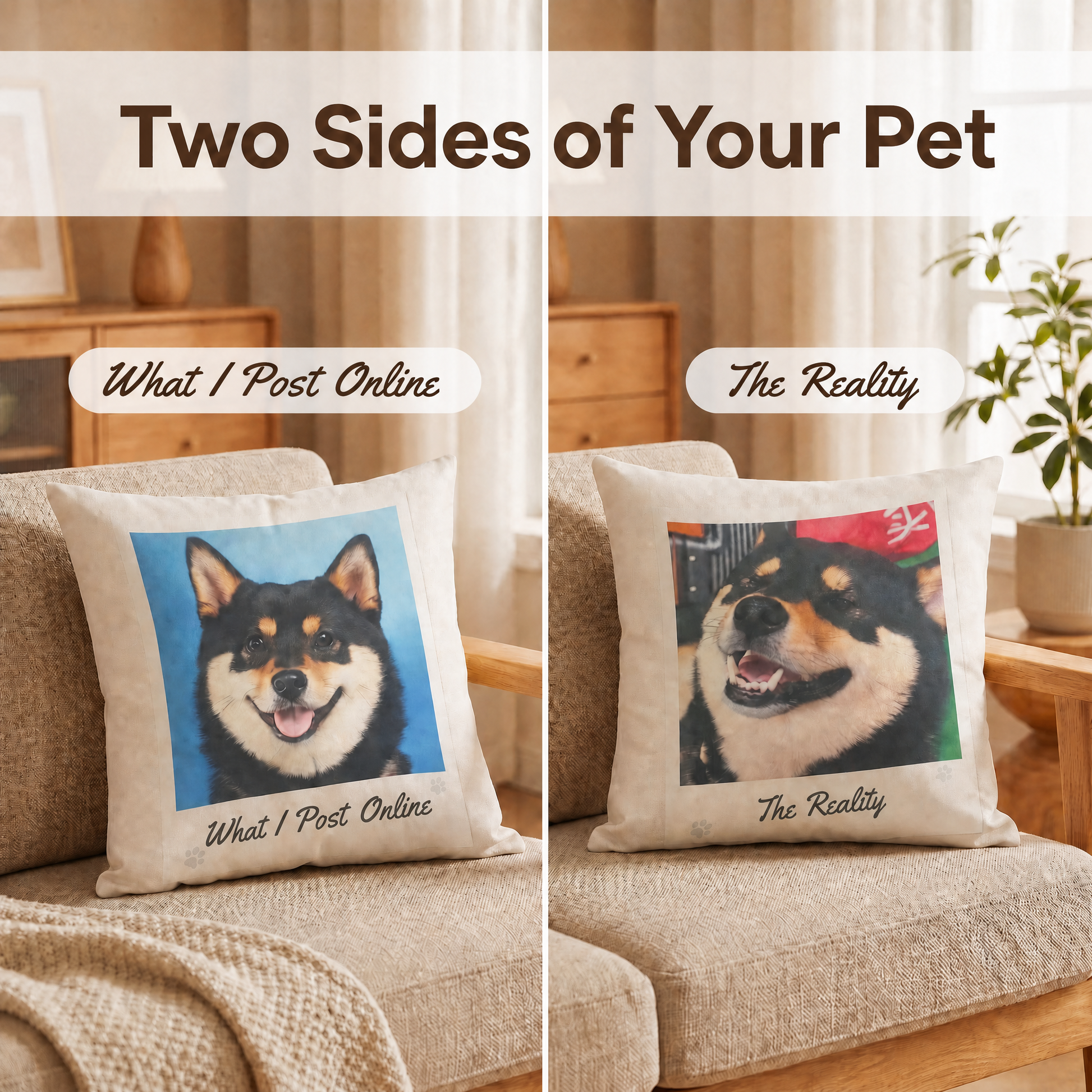 Humorous custom pet pillow close-up — Two Faces meme design with personalized pet photos , a smile through the tears