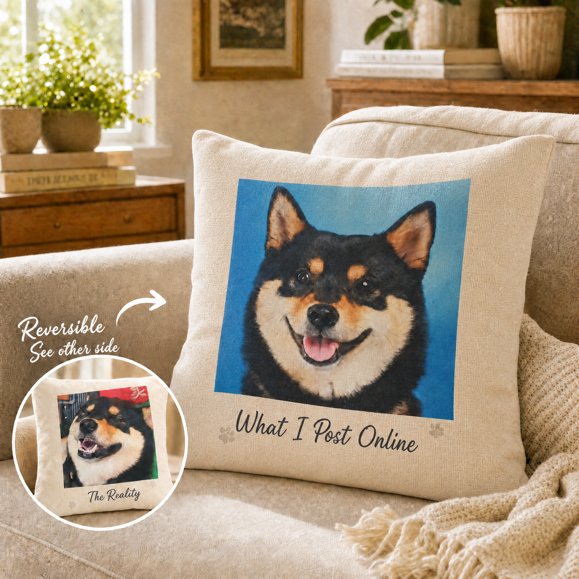 Funny reversible pet memorial pillow — "What I Post Online vs. The Reality" meme, custom dog photo, lighthearted way to honor your pet