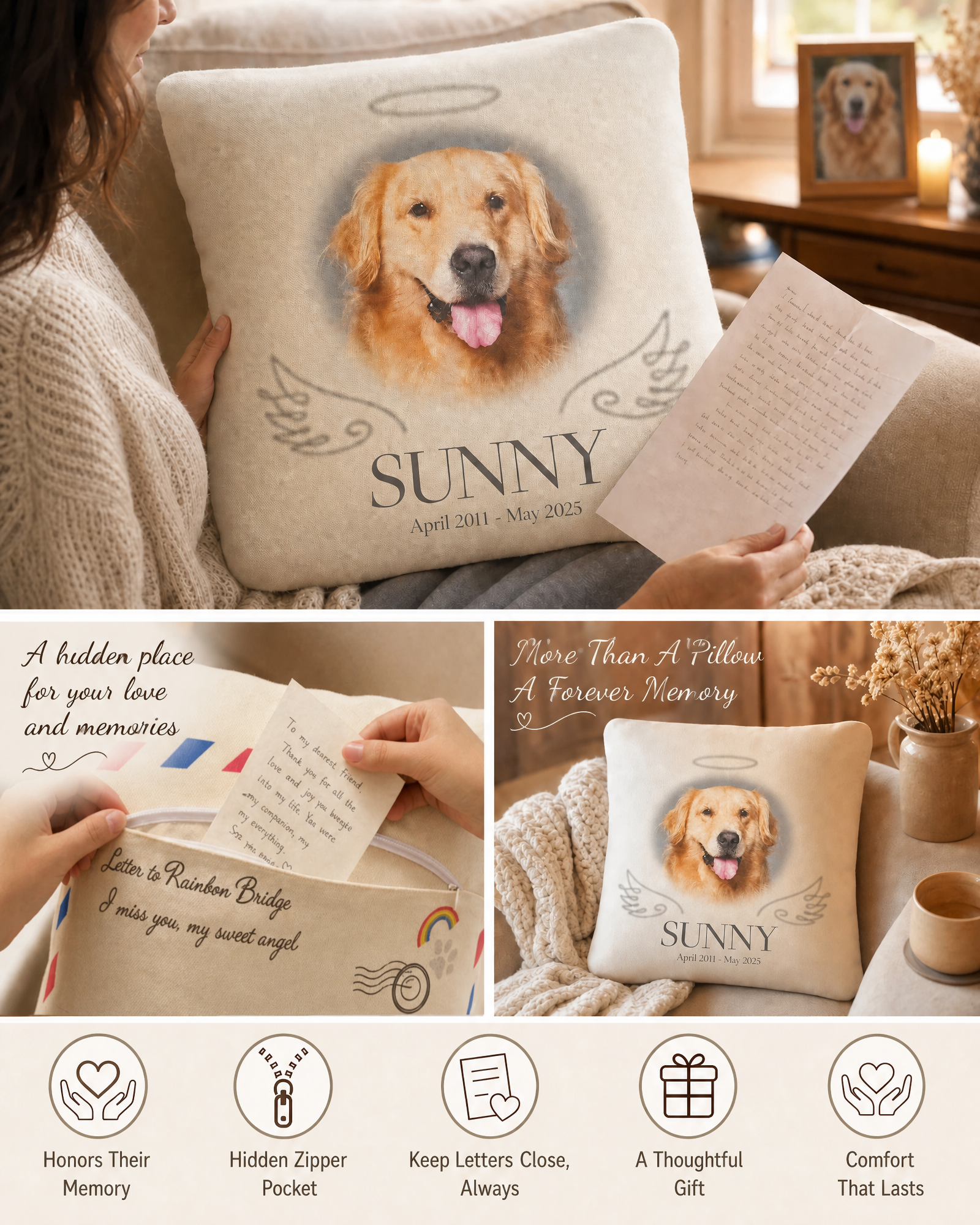 Rainbow Bridge Mailbox pillow features — honors memory, hidden zipper pocket, keep letters close, thoughtful gift that lasts