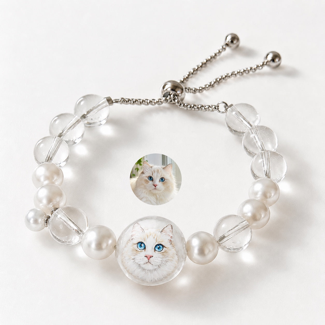 Custom Pet Portrait Pearl & Crystal Bracelet | Hand-Painted Keepsake Jewelry