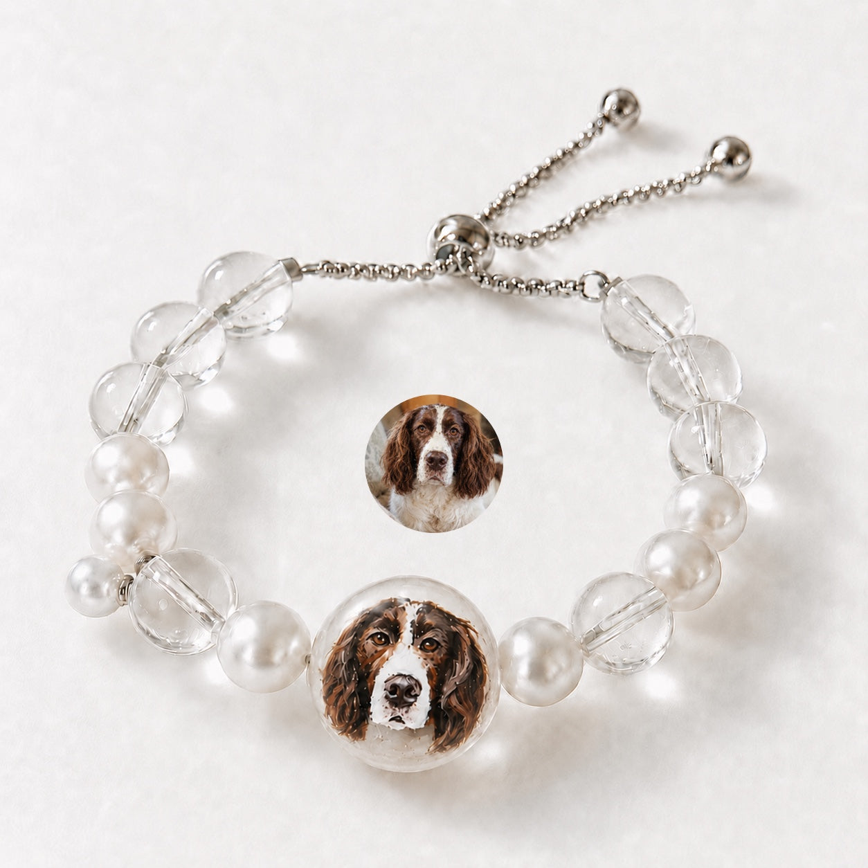 Custom Pet Portrait Pearl & Crystal Bracelet | Hand-Painted Keepsake Jewelry