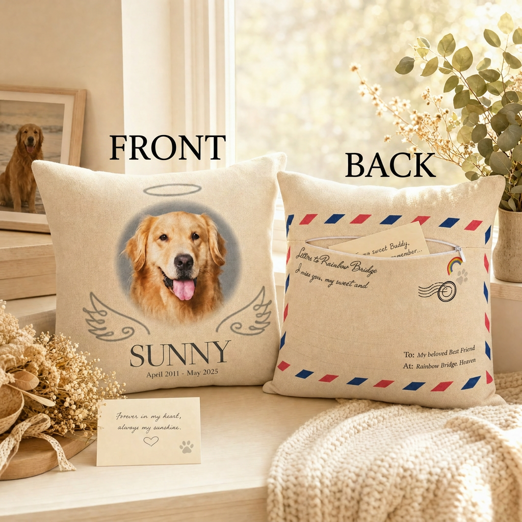 Rainbow Bridge memorial pillow front and back — angel wings custom pet photo front, airmail letter pocket envelope back
