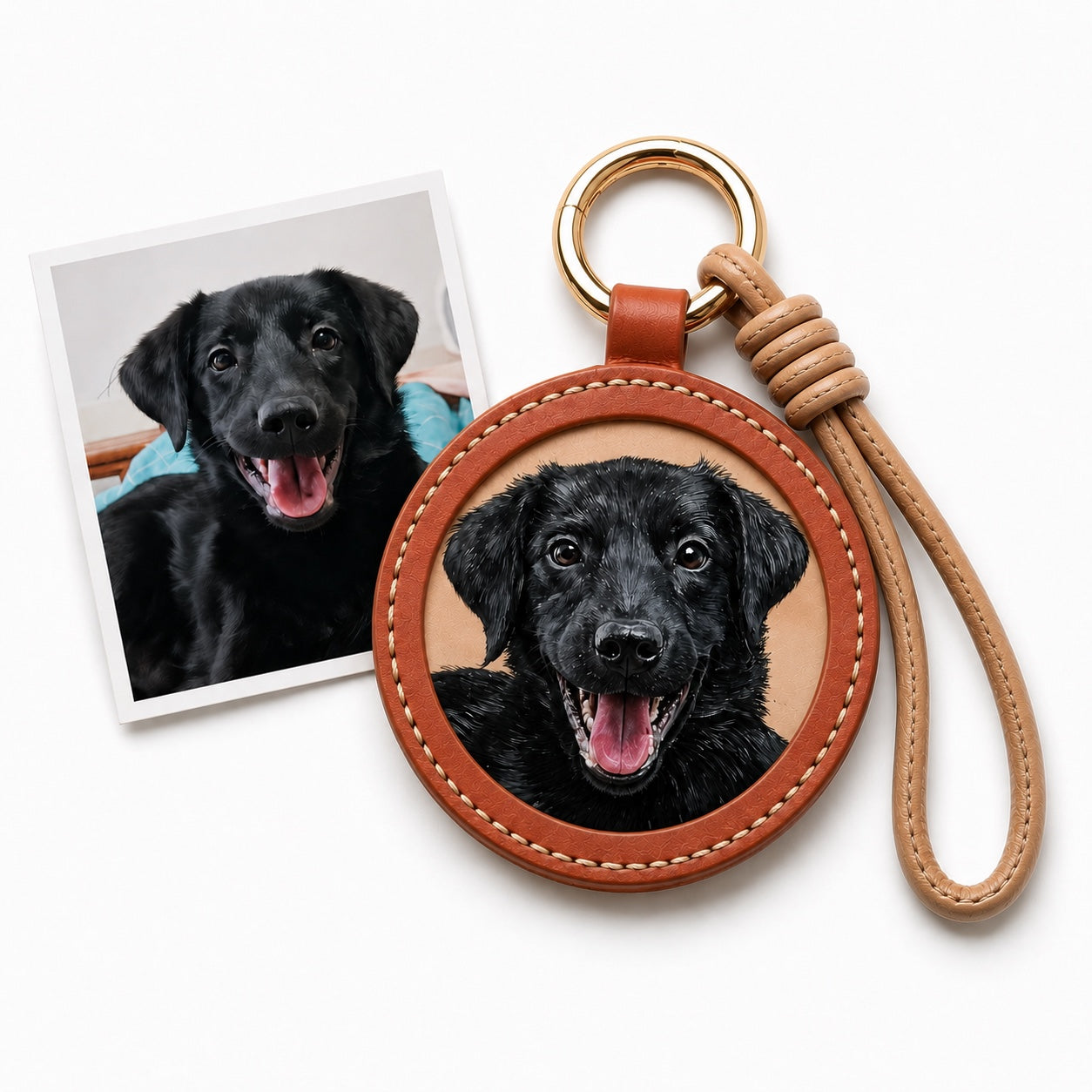 Custom Leather Pet Portrait Keychain – Personalized Handmade Memorial Gift for Pet Lovers