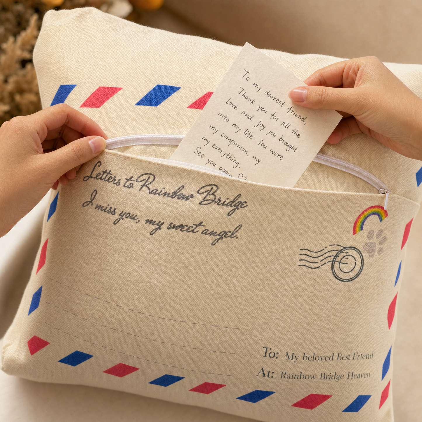 Rainbow Bridge Mailbox pillow — hidden zipper pocket detail with handwritten letter, "Letters to Rainbow Bridge" envelope back design