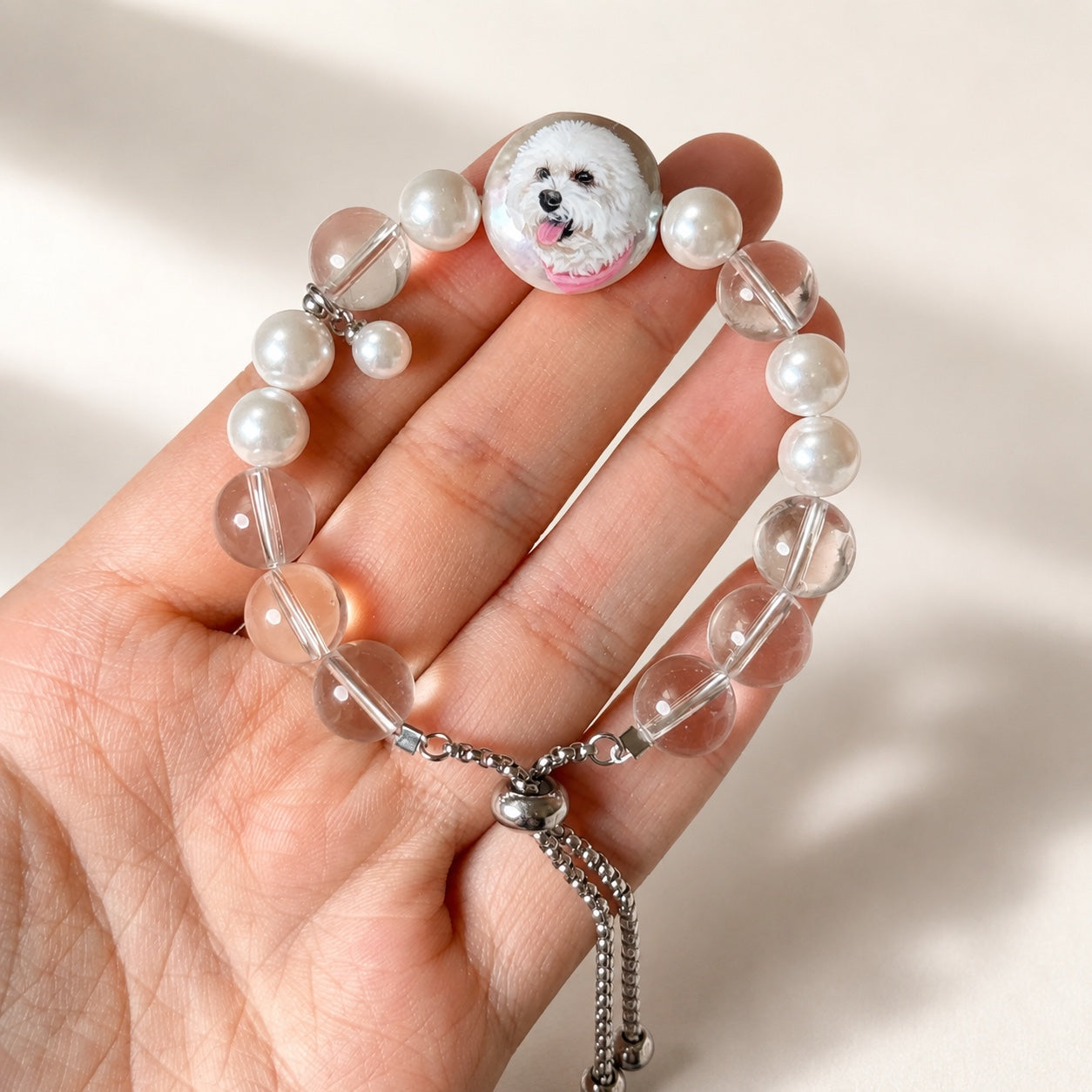 Custom Pet Portrait Pearl & Crystal Bracelet | Hand-Painted Keepsake Jewelry
