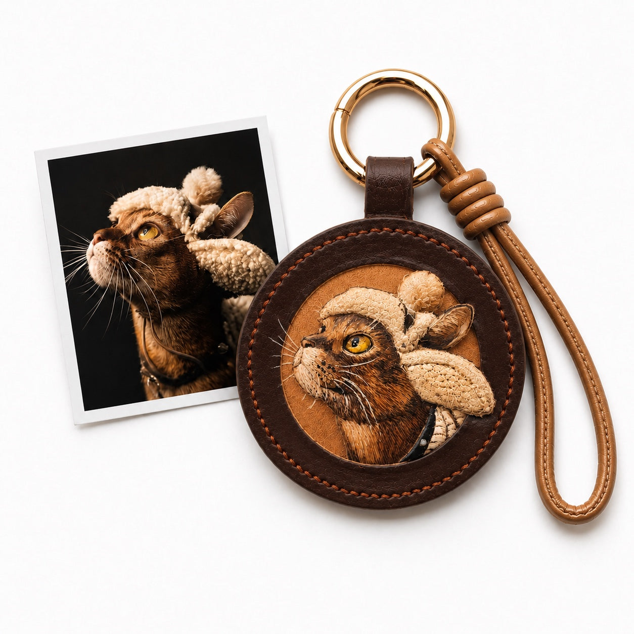 Custom Leather Pet Portrait Keychain – Personalized Handmade Memorial Gift for Pet Lovers