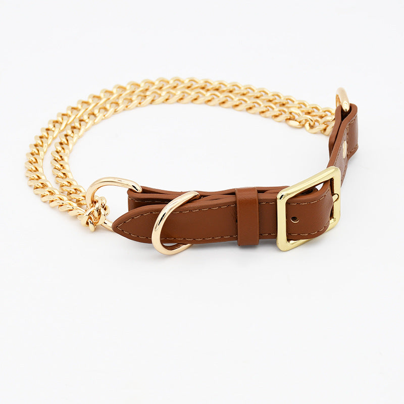  gold stainless steel-eco-leather dual-chain reinforcement-dog-collar