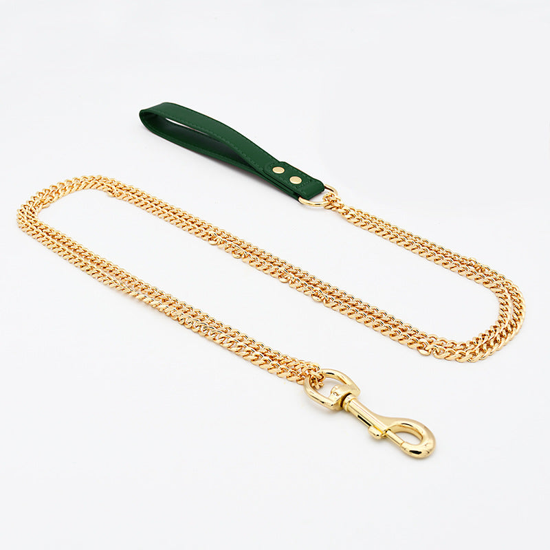 explosive-resistant dog leash-Gold stainless steel & eco-leather dual-chain reinforcement.