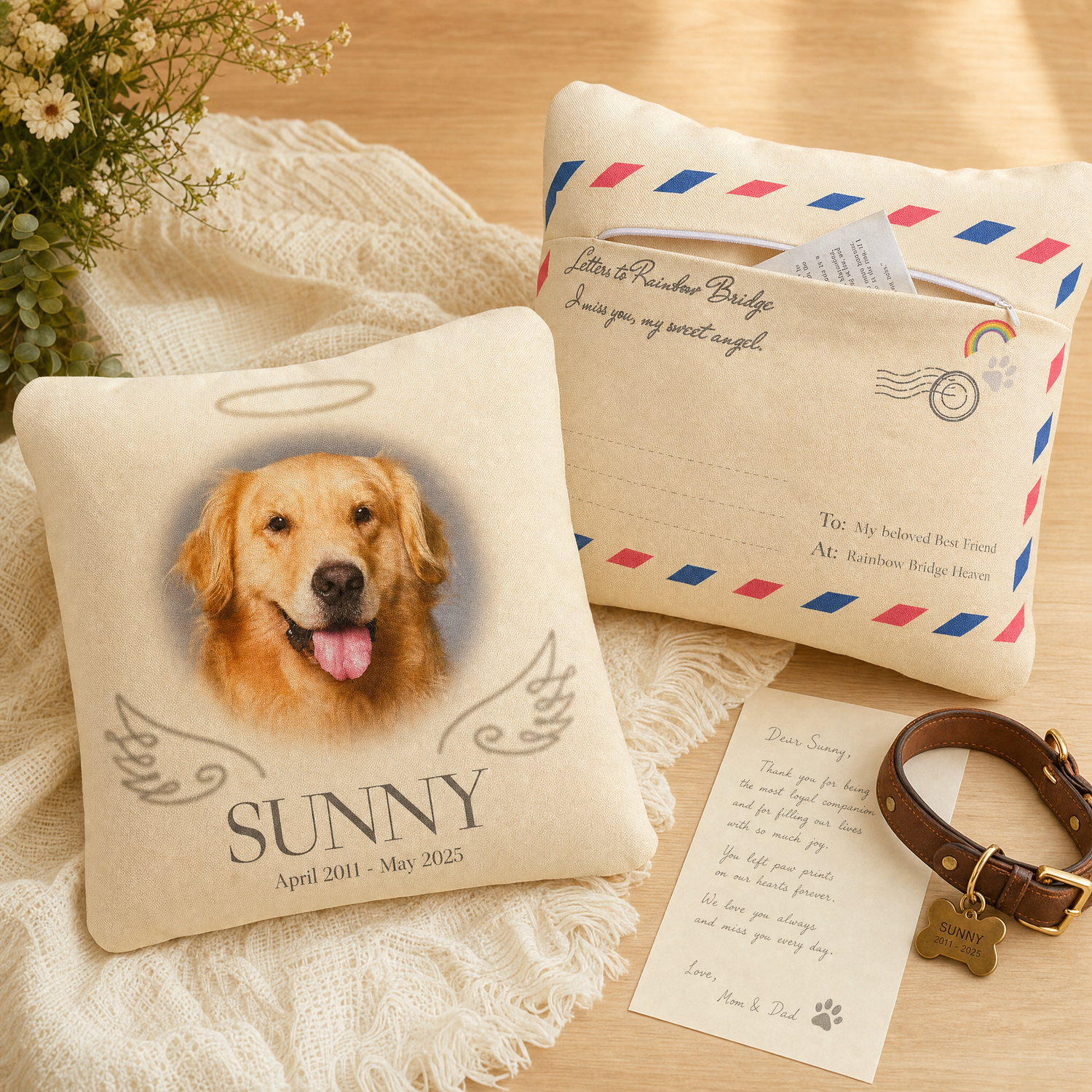 Rainbow Bridge Mailbox pet memorial pillow set — custom pet photo pillow with letter pocket envelope cushion