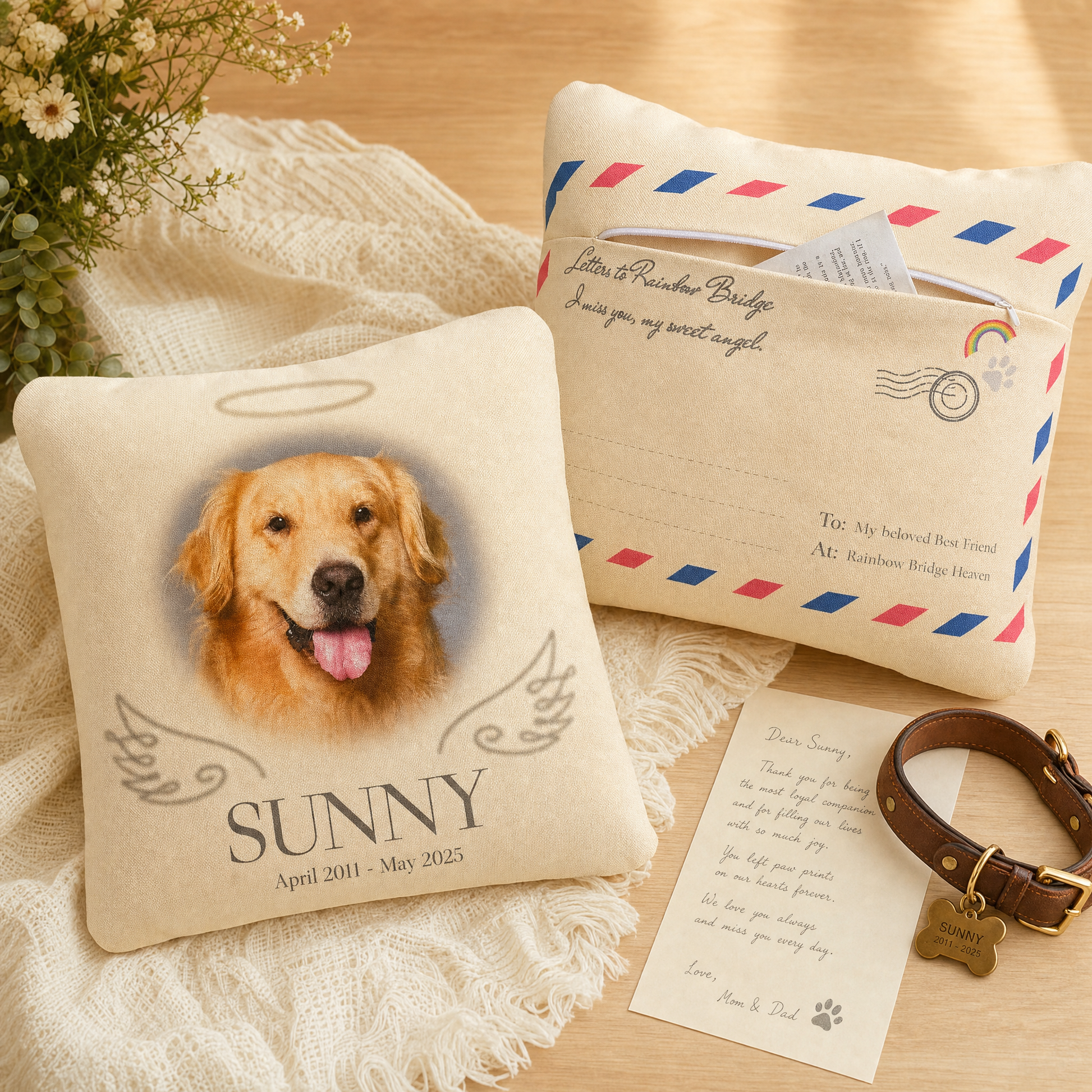 Rainbow Bridge Mailbox pet memorial pillow set — custom pet photo pillow with letter pocket envelope cushion