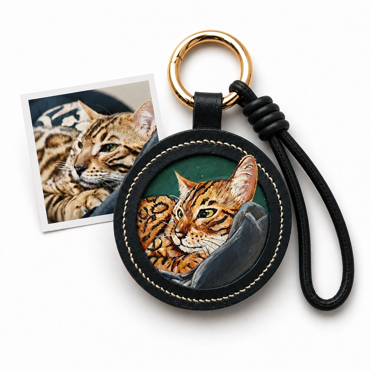 Custom Leather Pet Portrait Keychain – Personalized Handmade Memorial Gift for Pet Lovers