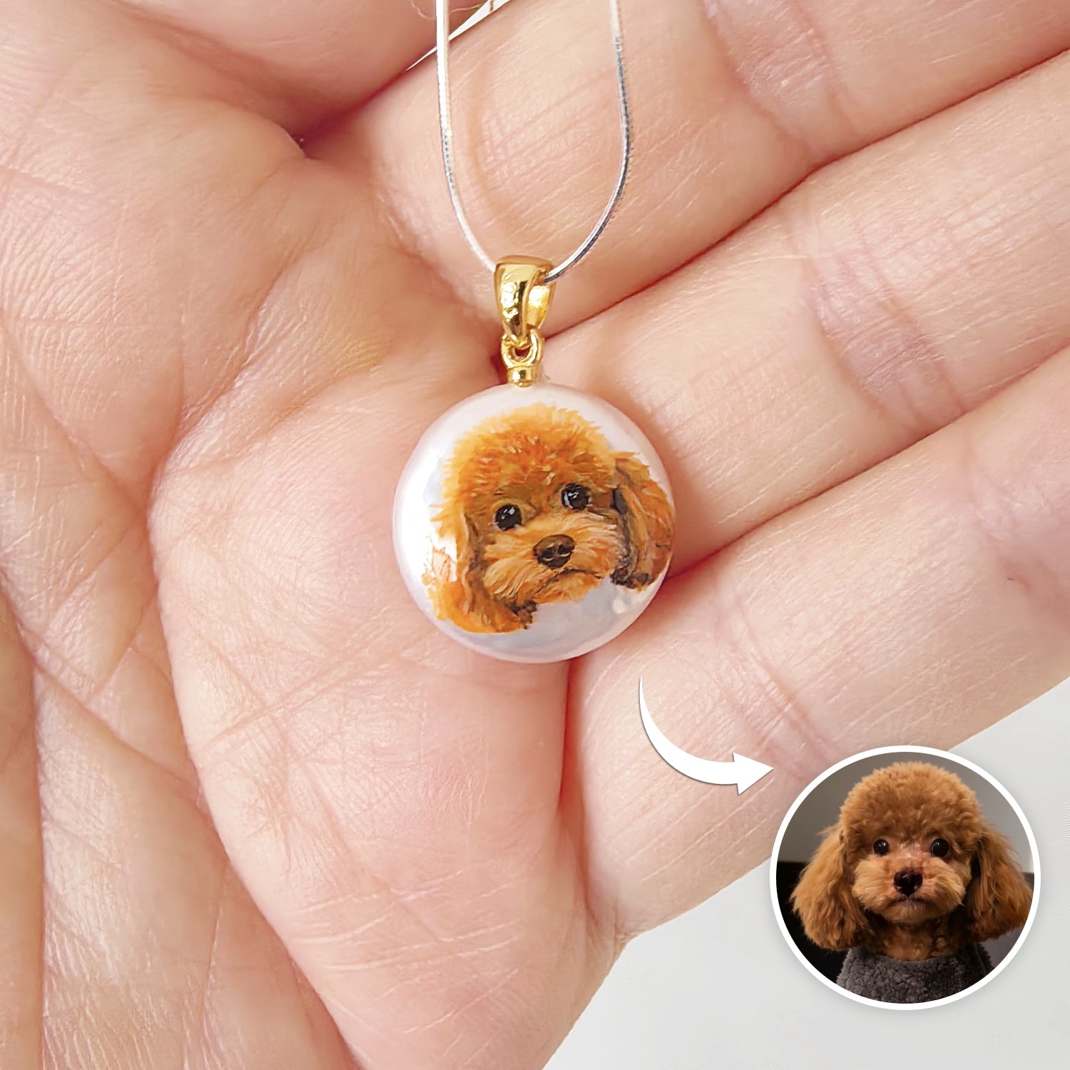 Hand-painted pet portrait on natural pearl pendant – silver-chain