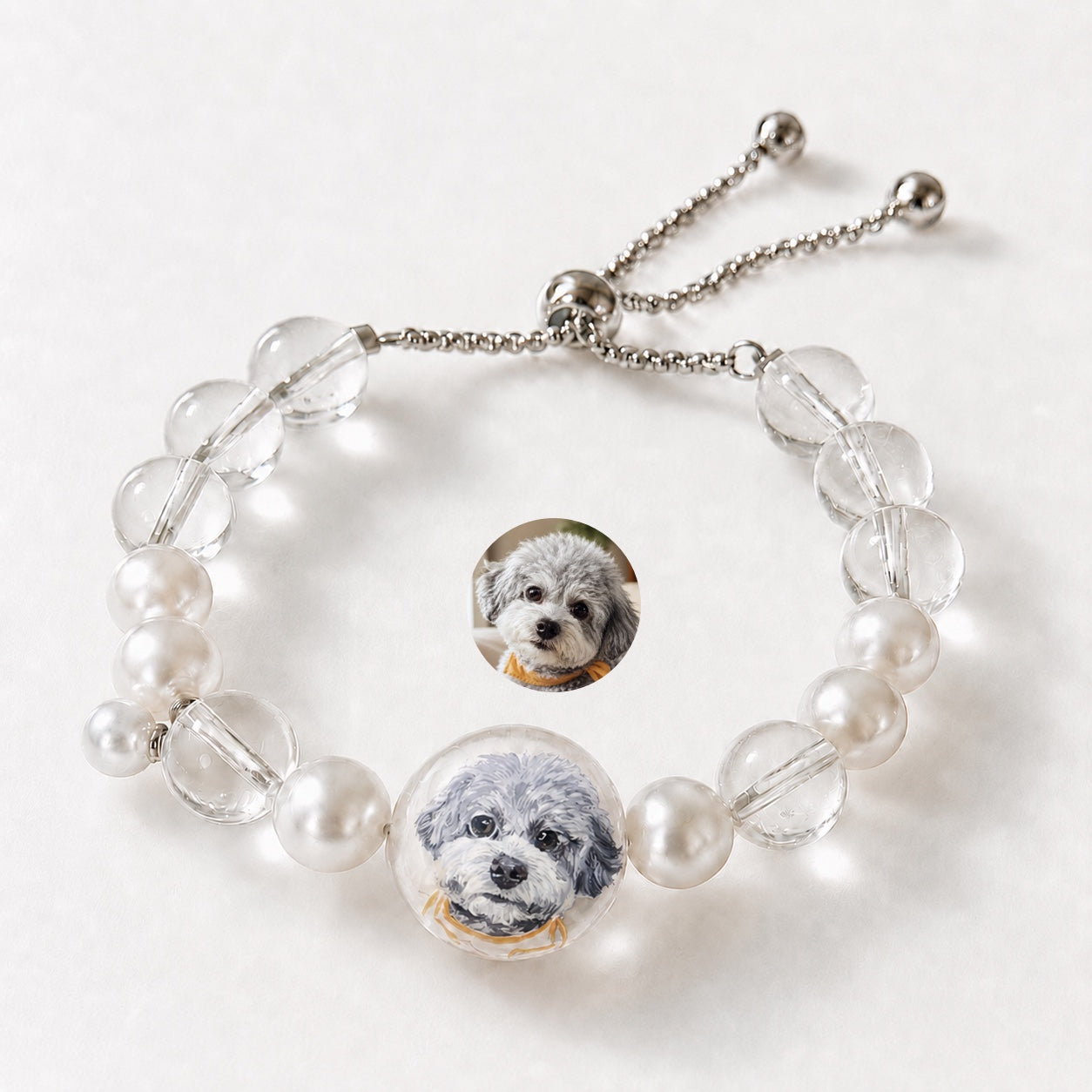 Custom Pet Portrait Pearl & Crystal Bracelet | Hand-Painted Keepsake Jewelry