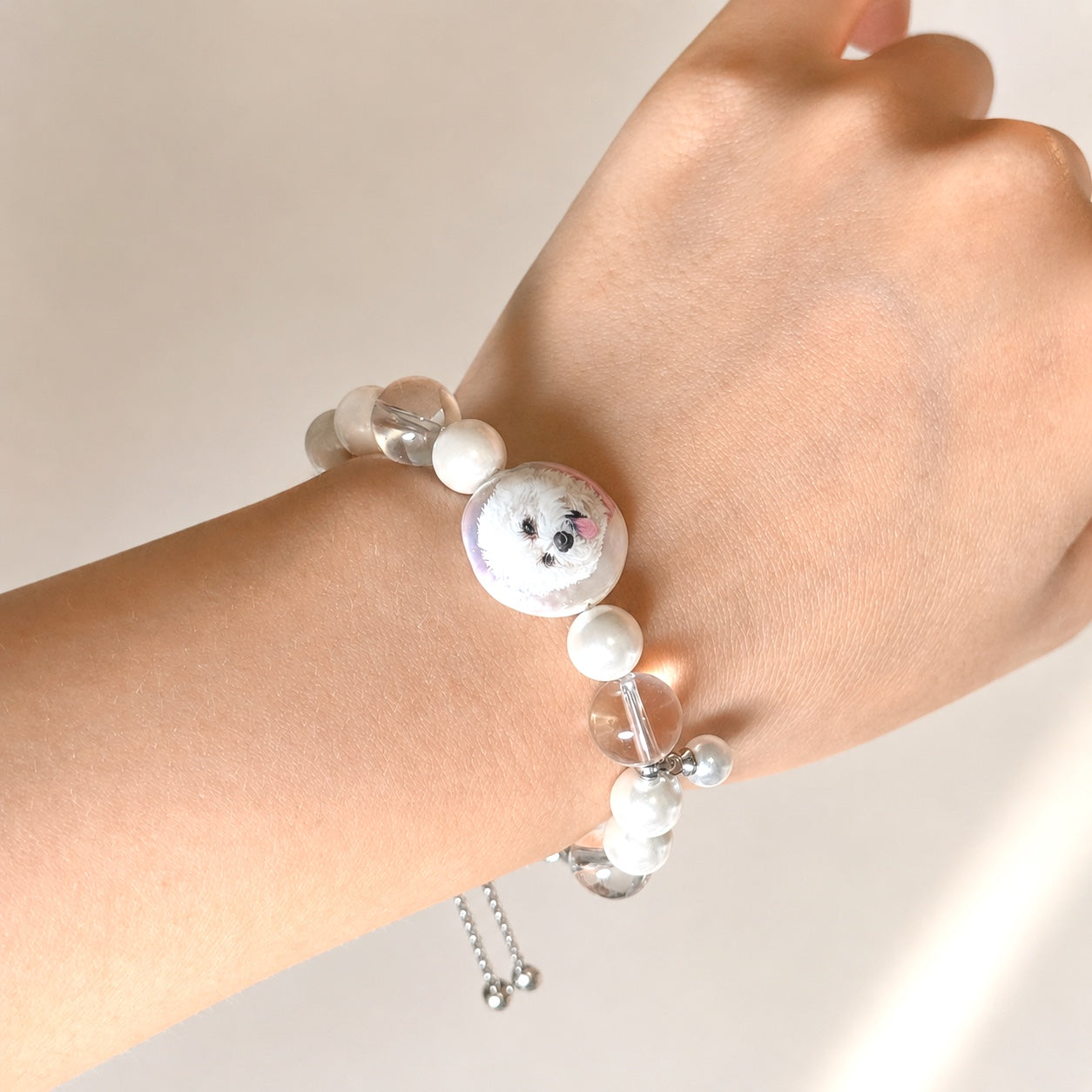 Custom Pet Portrait Pearl & Crystal Bracelet | Hand-Painted Keepsake Jewelry